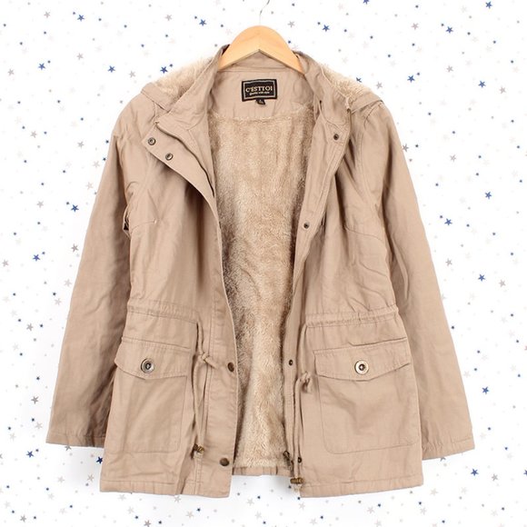 Jackets & Blazers - Khaki Hooded Fur lined Utility Military Jacket